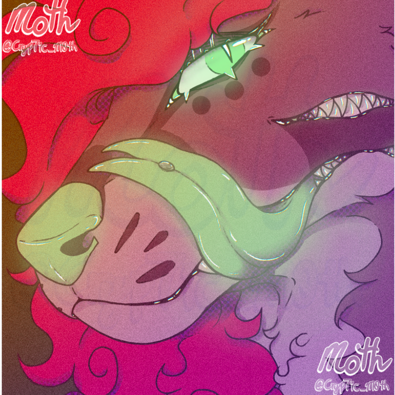 Icon - by @Cryp7ic_M0th brown fox with green forked tongue around muzzle, slight downward tilt of head, second mouth up on lower cheek grinning.